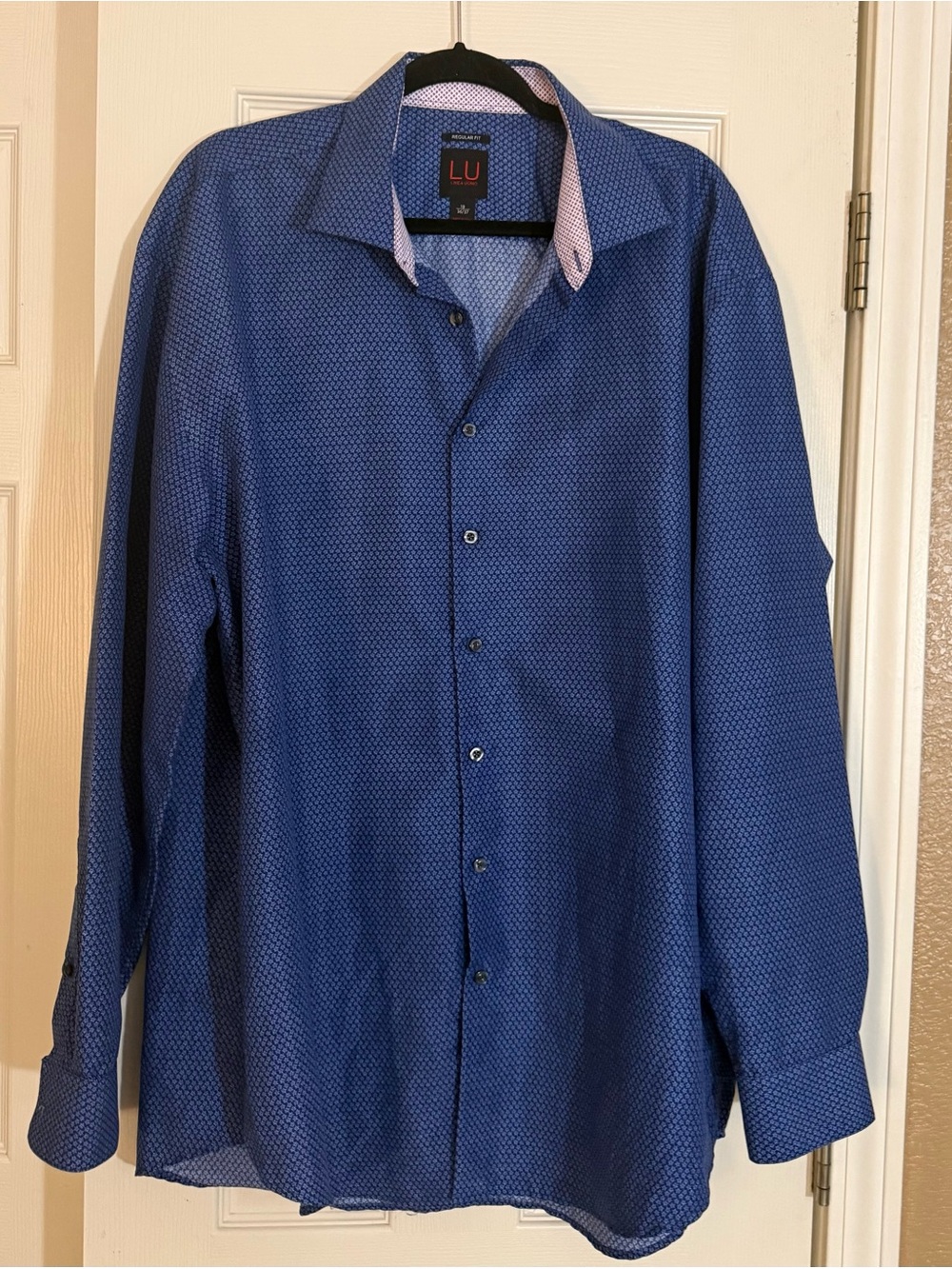 LU Linea Uomo Blue Geometric Regular Fit Dress Shirt Size 18 36/37